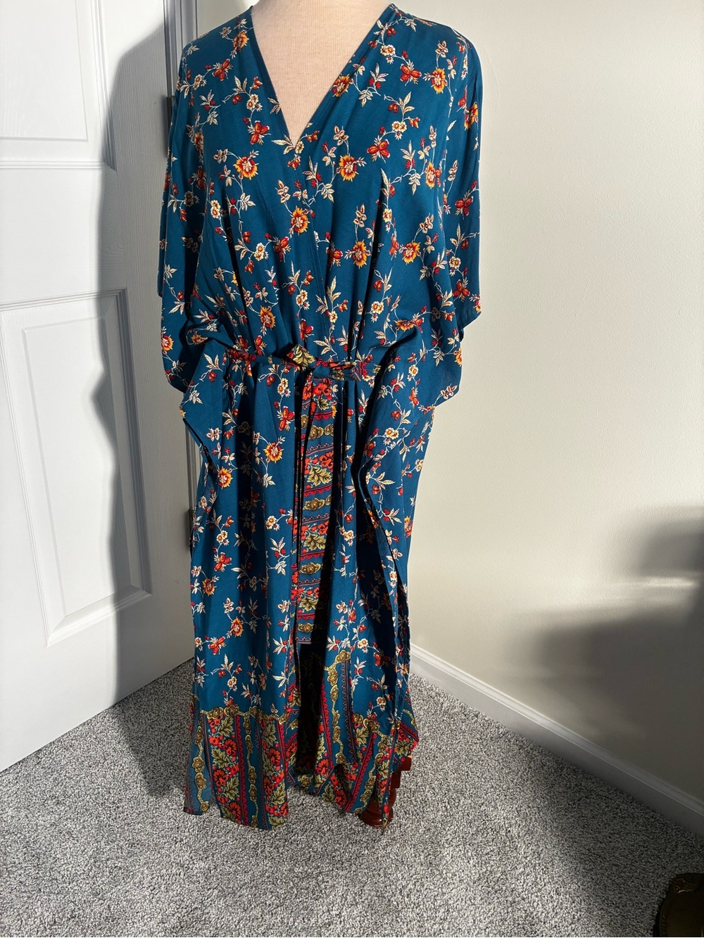 Easel Blue Floral Duster Kimono with Red and Yellow Accents